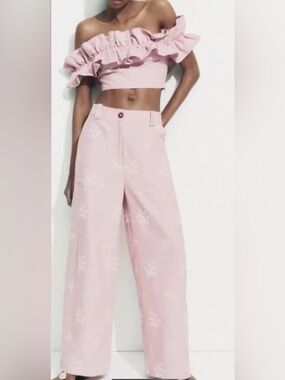 ZARA Pink Linen Off Shoulder Ruffle Top & Wide Leg Pants Set
